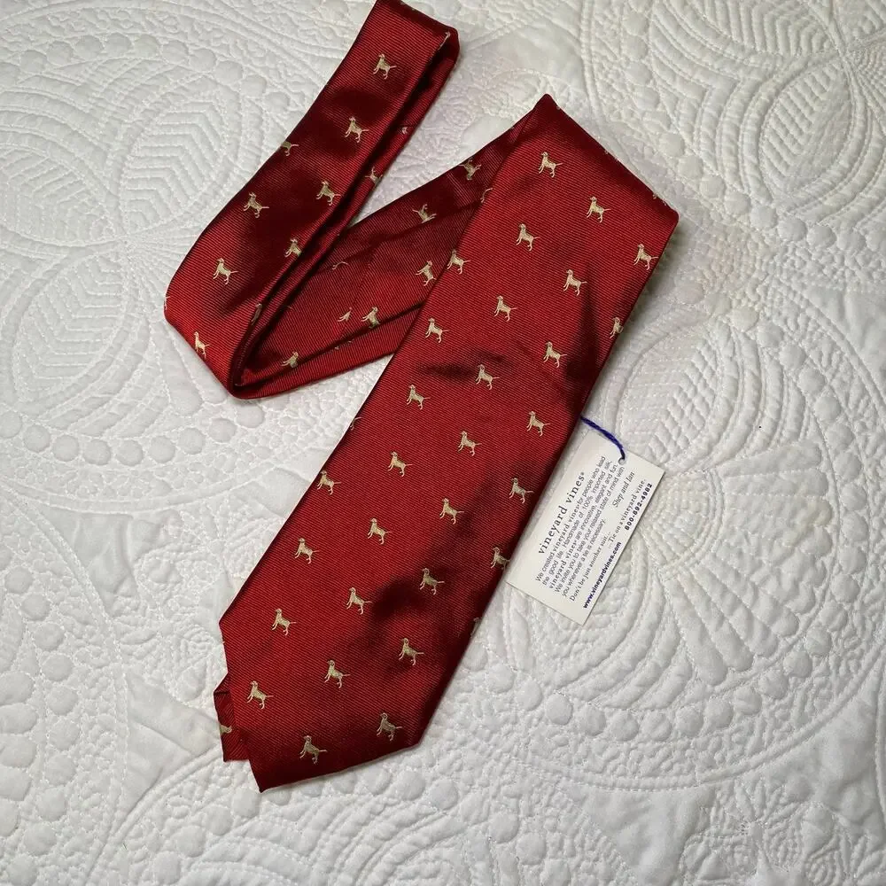Vineyard Vines Red Silk Neck Tie Yellow Labs NWT Preppy Party Made in USA 58